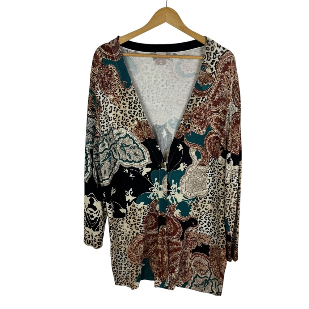 Chico's Animal Print Paisley Cardigan Sweater Size 3P XLPโ Maximalist Boho Chic